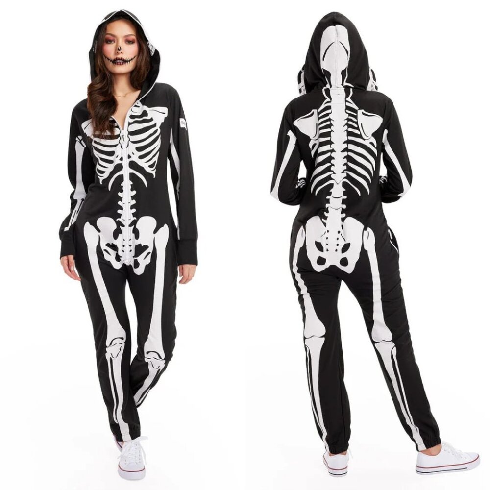 Tipsy Elves Women's Skeleton Hooded Jumpsuit Onesie Costume NWT Size Large